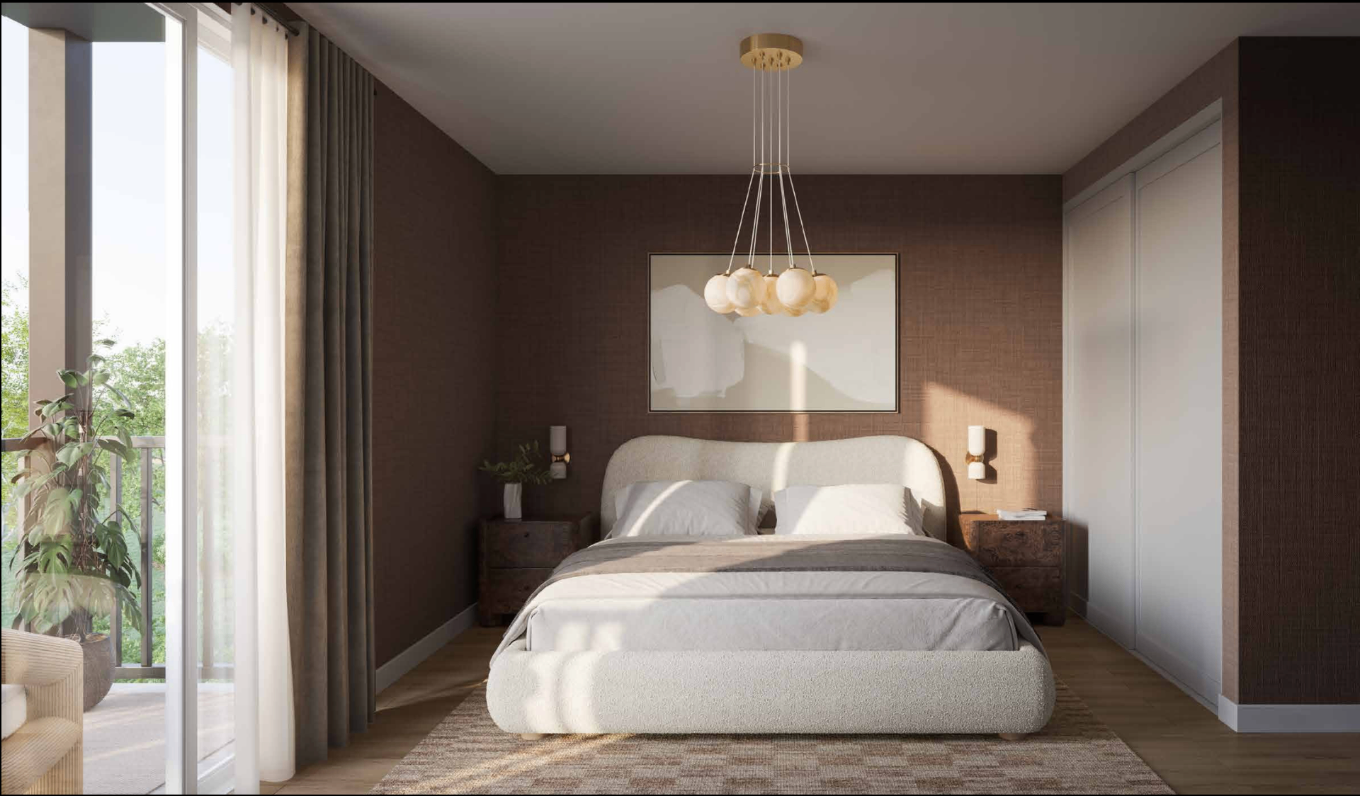 Warm modern principal bedroom with balcony and lake views