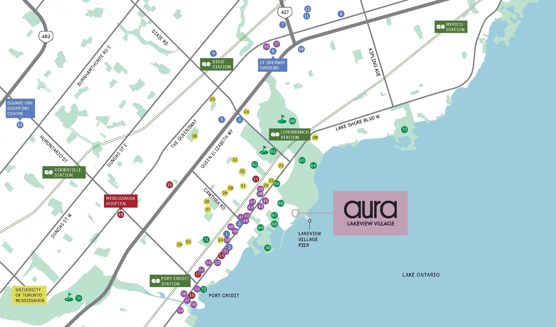 Aura at Lakeview Village amenity map showing surrounding Mississauga locations