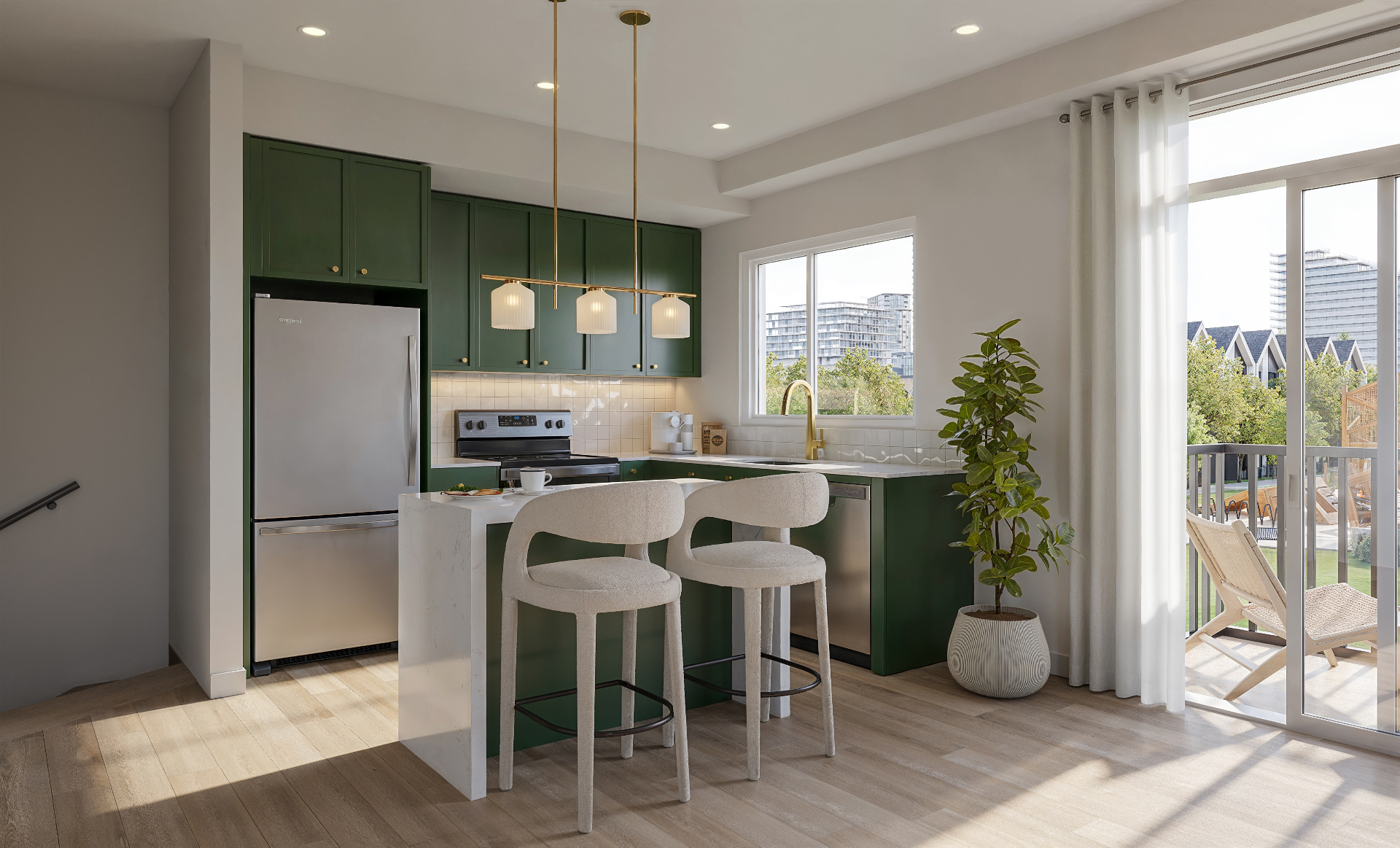 Designer kitchen with green cabinetry and island seating